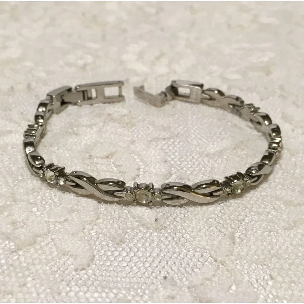 Vintage Anne Kein Chain Bracelet Silver Tone Rhinestone Accents Fold over clasp